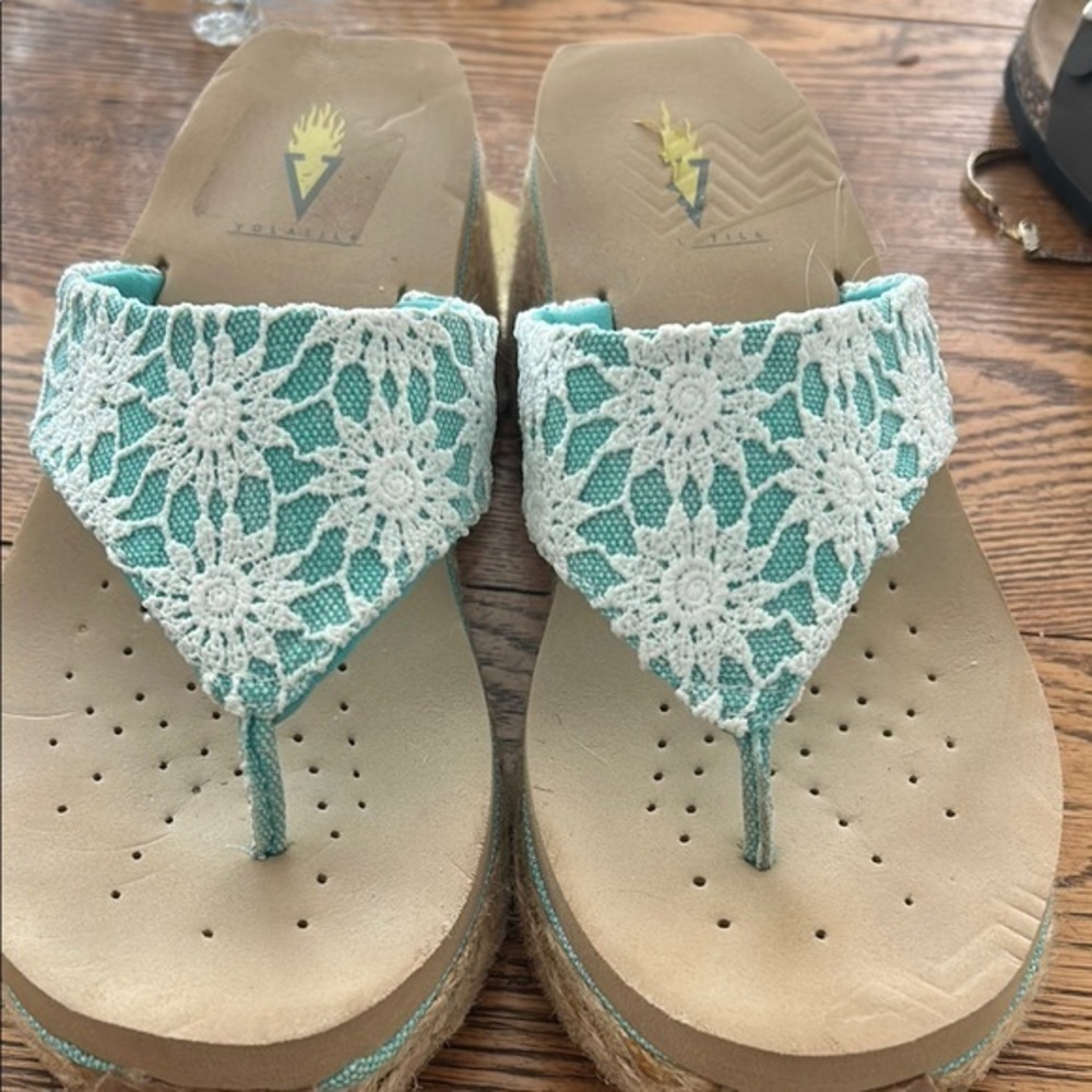 Volatile Blue and White Platform Wedge Sandals with Crochet Design